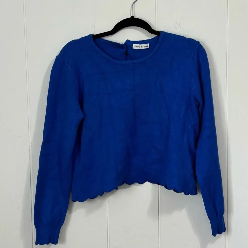 Peace N’ Love Blue Scalloped Cropped Sweater Medium preppy Victorian